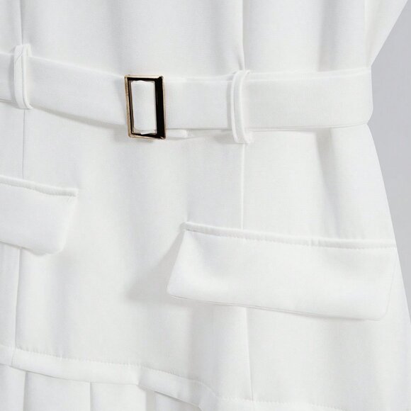 White Casual Women's French Sleeveless Cinched Waist Pleated Dress - Picture 4 of 6